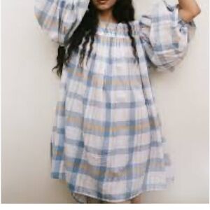 Daughters Of India Freya Dress Periwinkle Blue Plaid, M side pockets 100% cotton